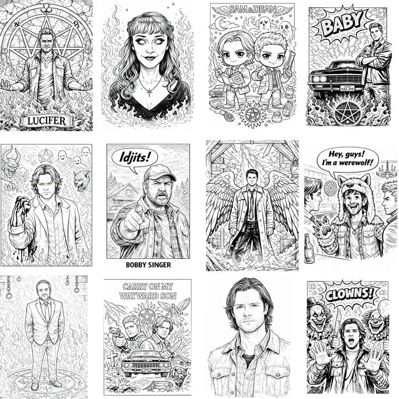 May include: A series of black and white illustrations depicting characters and scenes from a television show. The images include portraits, action shots, and text such as "Lucifer", "Idjits!", and "Clowns!"