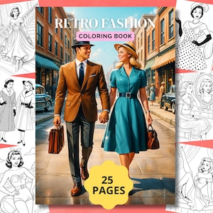 Retro Fashion Coloring Book, 25 Digital Coloring Pages, Retro Outfit, Coloring For Adults, 50s Dress, Vintage Printable Art, Old Fashioned
