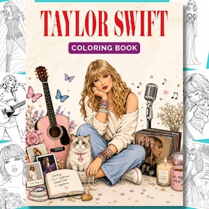 K&ouml;nnte beinhalten: Ein Taylor Swift Malbuch mit einer zentralen Illustration der K&uuml;nstlerin mit blondem Haar, die einen wei&szlig;en Pullover und eine blaue Jeans tr&auml;gt, sitzend mit einer Katze, einer rosa Akustikgitarre, einem Mikrofon, Schallplatten und einem Tagebuch.