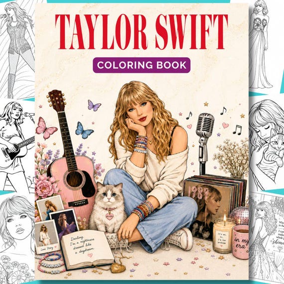 Taylor Swift Coloring Book | 25 PDF Coloring Pages, Swiftie Gifts, Taylorswift, Eras Tour, Pop Star Coloring Pages, Instant Download