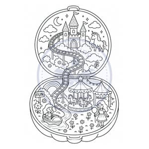 Pu&ograve; includere: Un'illustrazione a linee bianche e nere di un astuccio compatto aperto che raffigura un parco divertimenti fantastico. La sezione superiore mostra un castello su nuvole con un unicorno e una montagna russa. La sezione inferiore mostra una giostra, un giro in barca e una persona che tiene un palloncino, con le parole FUN e MAGIC stampate su cartelli.