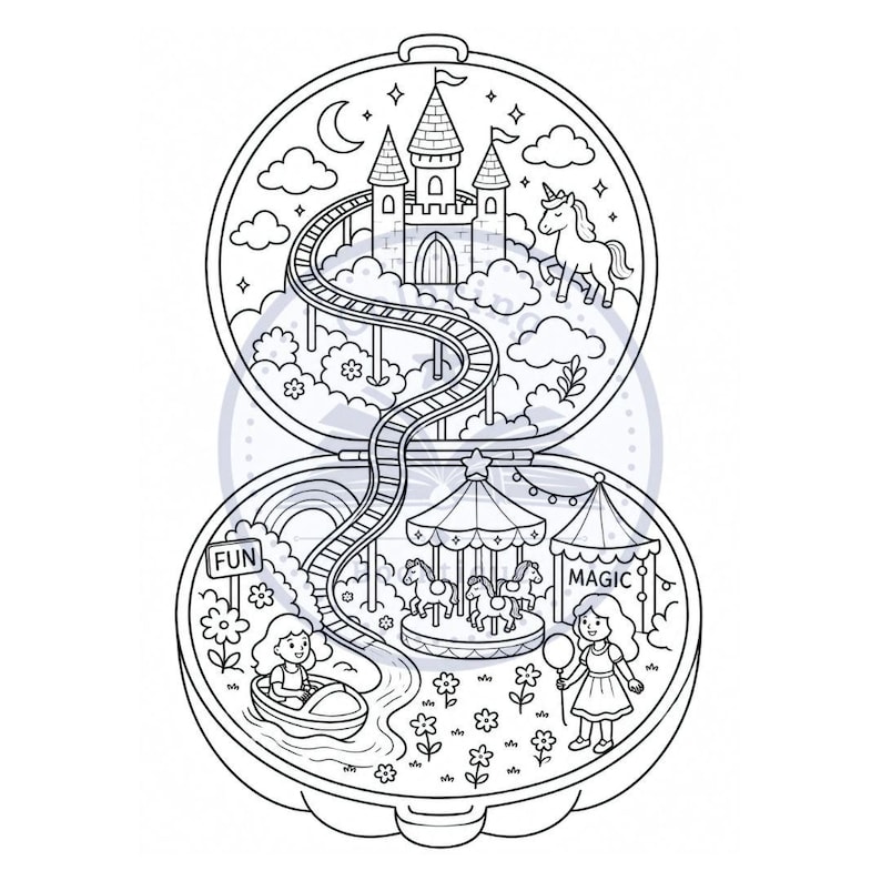 Pu&ograve; includere: Un'illustrazione a linee bianche e nere di un astuccio compatto aperto che raffigura un parco divertimenti fantastico. La sezione superiore mostra un castello su nuvole con un unicorno e una montagna russa. La sezione inferiore mostra una giostra, un giro in barca e una persona che tiene un palloncino, con le parole FUN e MAGIC stampate su cartelli.