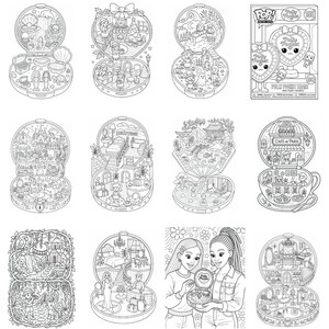 Pu&ograve; includere: Una collezione di dodici illustrazioni in bianco e nero che mostrano vari set di gioco Polly Pocket, tra cui scene con sirene, temi natalizi, un caff&egrave;, un hotel e due figure che tengono in mano un giocattolo compatto a forma di cuore.