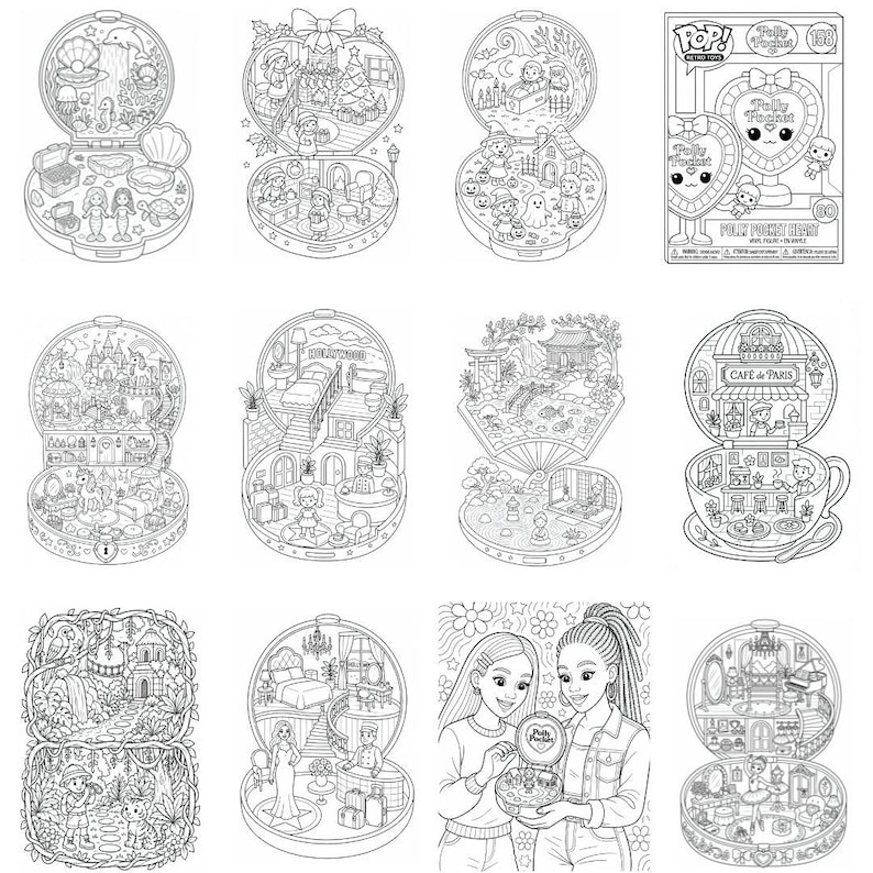 Pu&ograve; includere: Una collezione di dodici illustrazioni in bianco e nero che mostrano vari set di gioco Polly Pocket, tra cui scene con sirene, temi natalizi, un caff&egrave;, un hotel e due figure che tengono in mano un giocattolo compatto a forma di cuore.