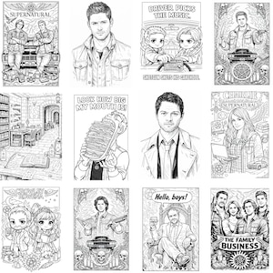 May include: A selection of black and white Supernatural-themed coloring pages. The images depict characters, scenes, and quotes from the show, including "Driver Picks the Music," "Hello, boys!," and "The Family Business."