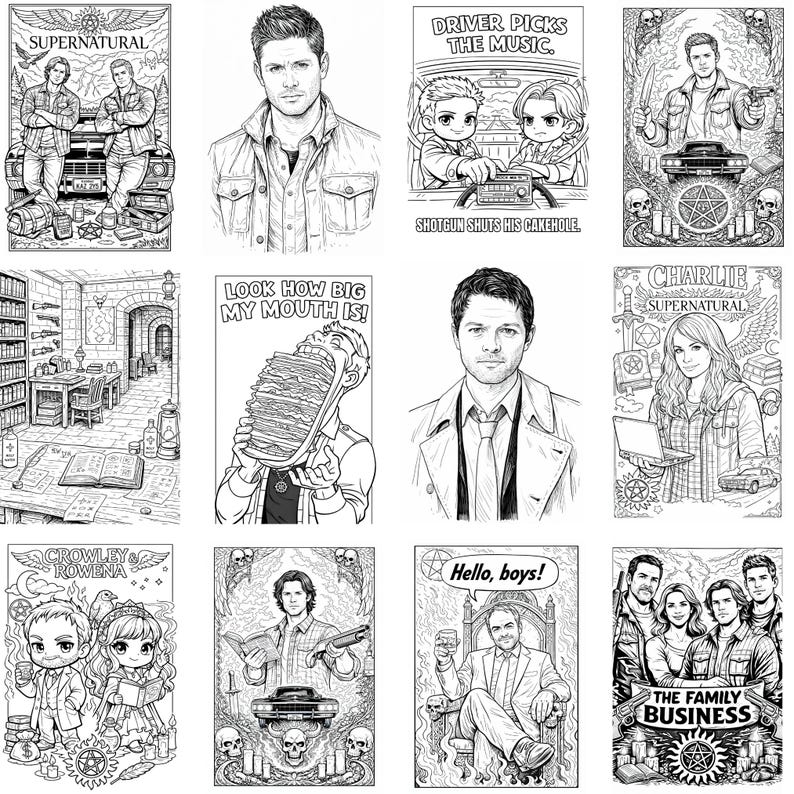 May include: A selection of black and white Supernatural-themed coloring pages. The images depict characters, scenes, and quotes from the show, including "Driver Picks the Music," "Hello, boys!," and "The Family Business."