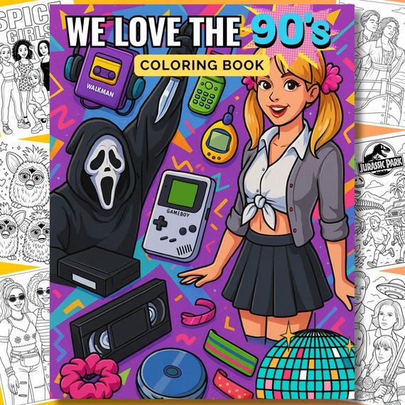 We Love The 90's Coloring Book, 25 Digital Coloring Pages, 90s Nostalgia, Printable Art, Furbies, VHS Tapes, 90s Kid Gift, 90s Retro Gameboy