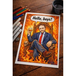 May include: A detailed illustration depicting a man in a suit, holding a whiskey, seated on a fiery throne. The image includes the text "Hello, boys!". The artwork features skulls and intricate details, with a comic book style.