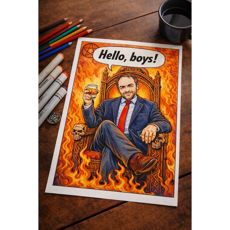 May include: A detailed illustration depicting a man in a suit, holding a whiskey, seated on a fiery throne. The image includes the text "Hello, boys!". The artwork features skulls and intricate details, with a comic book style.