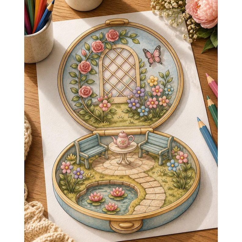 Pu&ograve; includere: Un'illustrazione circolare su carta che raffigura una scena di giardino all'interno di una cornice a medaglione. La met&agrave; superiore mostra un traliccio con rose rosa e una farfalla. La met&agrave; inferiore presenta due panchine blu, una teiera e un laghetto.