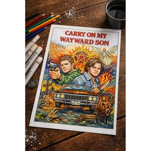 May include: A vibrant illustration with the text "CARRY ON MY WAYWARD SON." It depicts two men, a vintage car, and various elements like a gun, knife, bear, and house. The background includes a graveyard, an angel, and a pentagram.