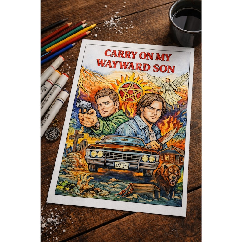 May include: A vibrant illustration with the text "CARRY ON MY WAYWARD SON." It depicts two men, a vintage car, and various elements like a gun, knife, bear, and house. The background includes a graveyard, an angel, and a pentagram.
