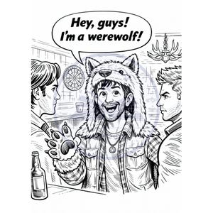 May include: Black and white illustration of three people in a bar. A person in a wolf hat and paw says "Hey, guys! I'm a werewolf!" in a speech bubble. A dartboard and bottle are also visible in the scene.