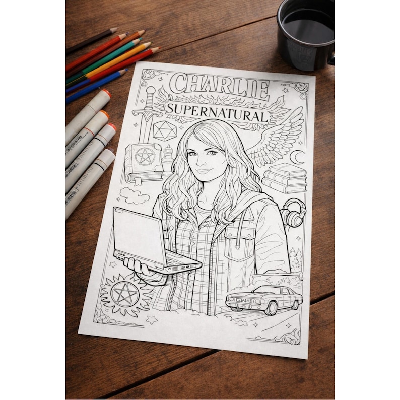 May include: Black and white colouring page with the text "CHARLIE SUPERNATURAL" above an illustration of a woman holding a laptop. The page includes images of a sword, pentagram, books, headphones, a car, and wings.