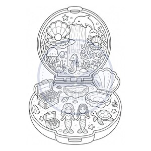Pu&ograve; includere: Un'illustrazione a linee in bianco e nero di un astuccio compatto circolare aperto con una scena sottomarina. Il disegno include due sirene, una tartaruga marina, forzieri, un delfino, un cavalluccio marino, meduse e conchiglie aperte con perle.