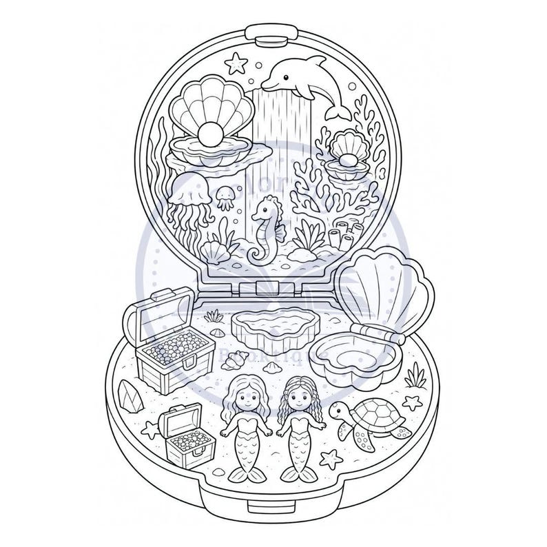 Pu&ograve; includere: Un'illustrazione a linee in bianco e nero di un astuccio compatto circolare aperto con una scena sottomarina. Il disegno include due sirene, una tartaruga marina, forzieri, un delfino, un cavalluccio marino, meduse e conchiglie aperte con perle.