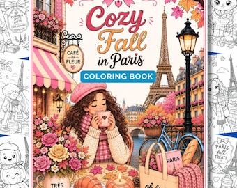 Cozy Fall In Paris Coloring Book | 25 Cute & Cozy Autumn Coloring Pages PDF, Autumn Gifts, Fall Aesthetic, Bold and Easy Coloring Book
