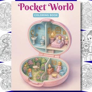 Pu&ograve; includere: Un libro da colorare Pocket World con una custodia per giocattoli rosa aperta a forma di conchiglia. L'interno mostra un bagno, una camera da letto, un giardino e un soggiorno in miniatura con piccole figure. Il testo recita Pocket World COLORING BOOK.