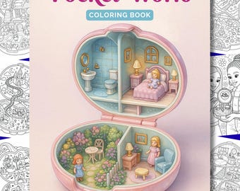Pocket World Coloring Book,  25 PDF Tiny World Coloring Pages, 90s Toys, 90s Nostalgia, Polly Pocket, Mini Dollhouse, Retro Coloring Book
