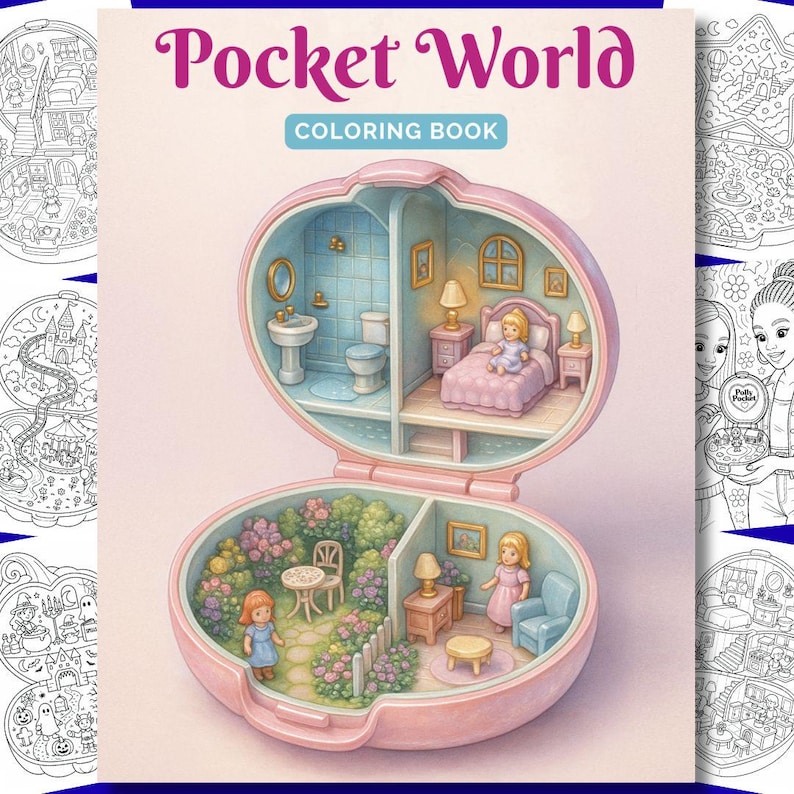 Pu&ograve; includere: Un libro da colorare Pocket World con una custodia per giocattoli rosa aperta a forma di conchiglia. L'interno mostra un bagno, una camera da letto, un giardino e un soggiorno in miniatura con piccole figure. Il testo recita Pocket World COLORING BOOK.