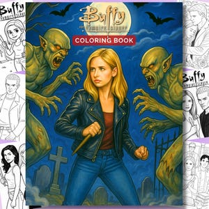 May include: A "Buffy the Vampire Slayer" coloring book featuring a central image of Buffy Summers, surrounded by two green-skinned demons. The cover also includes the show's logo and the words "Coloring Book."