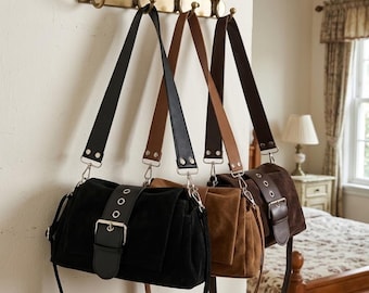Schultertasche aus Wildleder für Damen, Vintage-Handtasche mit Schnalle, lässige Alltagstasche, Retro-Umhängetasche, Geschenkidee für Sie