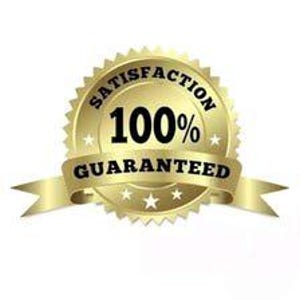 May include: A circular gold-colored emblem with a serrated edge featuring the text 100% SATISFACTION GUARANTEED. The design includes a central banner across the middle and small white stars positioned around the perimeter of the golden seal.