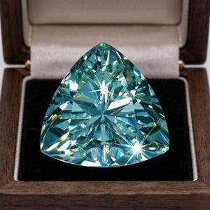 May include: A trillion-cut, light blue gemstone with a highly faceted surface that reflects light, creating bright white starburst patterns. The gemstone is displayed inside a dark brown wooden box with a black velvet interior lining.