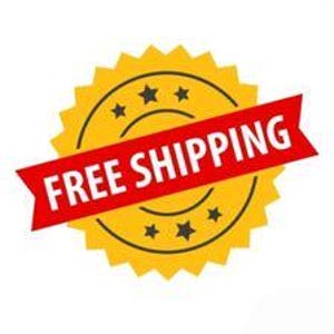 May include: A yellow circular badge with a serrated edge and five black stars arranged in a circle. A red banner is placed diagonally across the center of the badge with the white text FREE SHIPPING printed in a bold, sans-serif font.