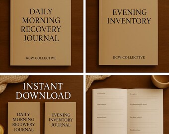 Pode incluir: Um conjunto de diários bege com texto preto. Os diários incluem "DAILY MORNING RECOVERY JOURNAL" e "EVENING INVENTORY" nas capas. A imagem também mostra um diário aberto com páginas pautadas e o texto "INSTANT DOWNLOAD".