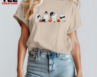 Ghost Black Cat Halloween T-Shirt, Spooky Season Cotton Tee