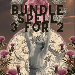 Puede incluir: Collage con una mujer con los brazos levantados, una luna rosa, mariposas y flores de cardo. El texto "BUNDLE SPELL 3 FOR 2" está en la imagen. El fondo incluye un mapa vintage.
