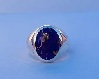 Anillo de plata de ley 925 maciza con gema de turquesa púrpura natural para hombre. Ideal para cumpleaños, aniversarios, motociclistas, bodas, como anillo de sello o para Navidad.