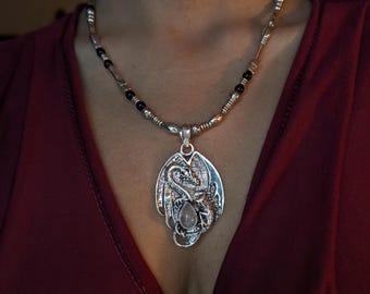 The Dragon’s Reflection • Vintage Sterling Silver Dragon Pendant with Rose Quartz on Reworked Beaded Chain Necklace 20” Adjustable