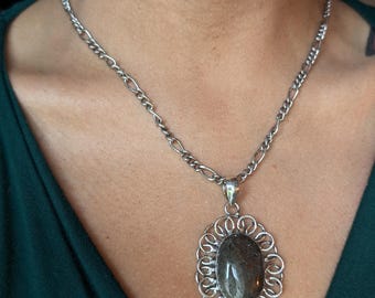 Eye of Mercury Necklace • Sterling Silver Moss Agate Pendant on Reworked Vintage Chain, Adjustable 19” Necklace with Coin Charm