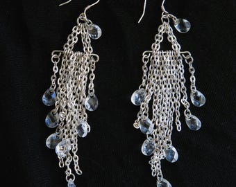Vintage Crystal Waterfall Chain Earrings • Sterling Silver Hooks, Faceted Drops