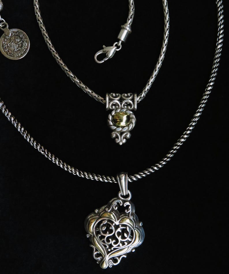 Twin Sigils • Layered Vintage Silver Necklace Set • Reworked Brighton Jewelry • Gothic Heart Statement Necklaces afbeelding 7