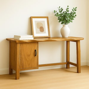 Solid Oak Writing Desk with Side Cabinet: Handmade Japandi Style