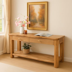 Handcrafted Solid Console Table: Japandi Entryway Table with Brass Handles