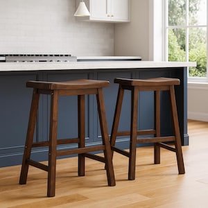 Rustic Wooden Bar Stools - Set of 4 Saddle Seat Kitchen Island Chairs