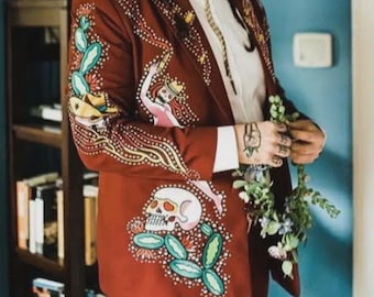 Men Maroon 2Pc Cowboy Country Western Nudie Suit Skeleton Floral Embroidered With Rhinestone High Waist Pant Cocktail Wedding Party Attire