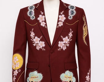 Men's Maroon 2 Pc Customized Flower Skeleton Embroidered Rhinestones Country Western Nudie Suit Cocktail Groom Party Events Wedding Outfit