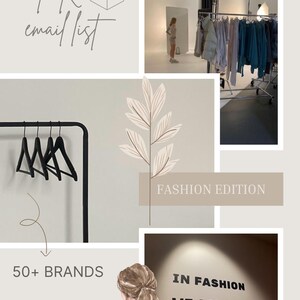 May include: A collage featuring fashion-related imagery. Text includes "PR email list," "Fashion Edition," "50+ Brands," and "In Fashion We Are Lucky." The image also shows clothing on racks, a woman, sunglasses, and decorative elements.