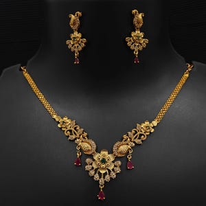 Long Ruby Emerald Peacock Necklace Set, Indian Necklace, Matar Mala, One Gram Gold Necklace, Temple Jewelry, Indian Jewelry, Southindian Set