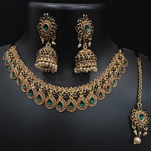 Antique Gold Necklace, Indian Necklace, One Gram Gold Emerald Necklace Set, Indian Jewelry, Temple Jewelry, Gift For Her, Wedding Necklace