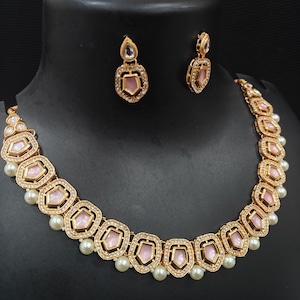 Gold Plated Ruby Kundan Pearl Necklace/ Indian Jewelry/Indian Necklace/Indian Choker/Indian Wedding Necklace Set/Kundan Choker