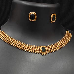 Antique Gold Necklace, Indian Necklace, One Gram Gold Necklace Set, Indian Jewelry, Green Emerald Jewelry, Gift For Her, Wedding Necklace