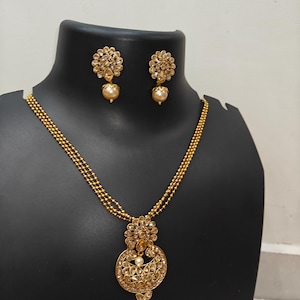 Antique Gold Necklace Indian Long Necklace One Gram Gold Necklace Kemp necklace Set Indian Jewelry Temple Jewelry Temple Necklace