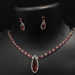 Ruby Necklace Ruby Earrings Set Red Ruby Pear Necklace Hoop Earrings Set Ruby Gift For Her Gold Pear Ruby Necklace Earrings Gemstone