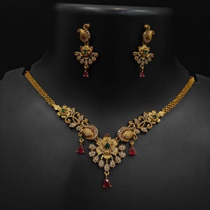 Long Ruby Emerald Peacock Necklace Set, Indian Necklace, Matar Mala, One Gram Gold Necklace, Temple Jewelry, Indian Jewelry, Southindian Set